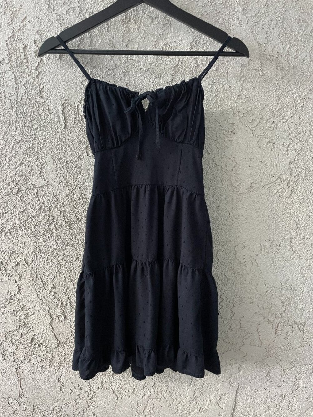 Hollister Black Swiss Dot Mini Dress Tiered Ruffle Smocked Coquette Cottagecore